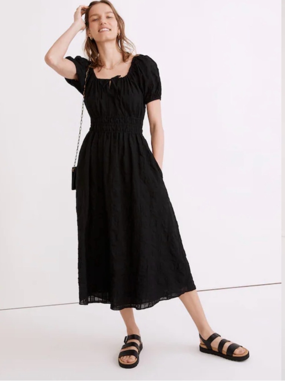 Madewell Sophia Black Midi Dress. Puff Short Sleeve with Smocking. Size Small.